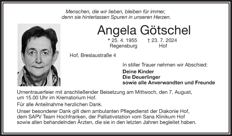  Traueranzeige für Angela Götschel vom 03.08.2024 aus Frankenpost