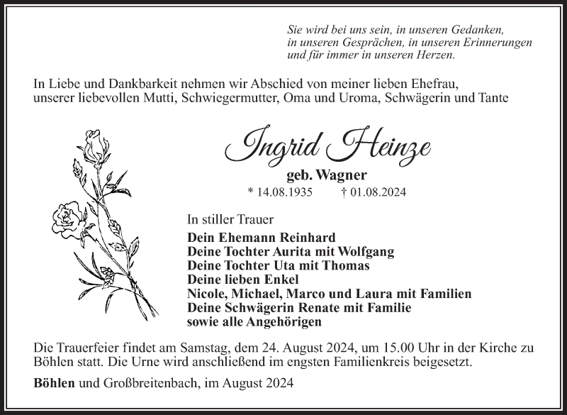  Traueranzeige für Ingrid Heinz vom 17.08.2024 aus Südthüringer Presse