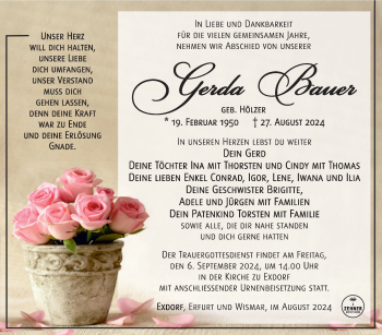 Traueranzeige von Gerda Bauer von Südthüringer Presse