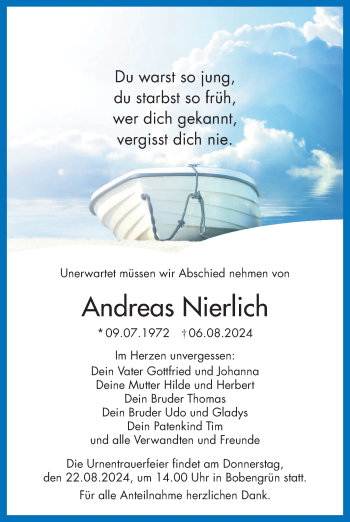 Traueranzeige von Andreas Nierlich von Frankenpost
