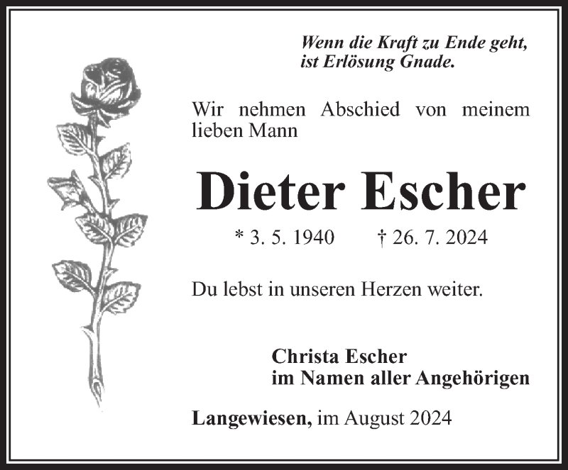  Traueranzeige für Dieter Escher vom 09.08.2024 aus Südthüringer Presse