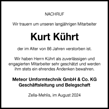 Traueranzeige von Kurt Kührt von Südthüringer Presse