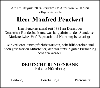 Traueranzeige von Manfred Peuckert von Frankenpost