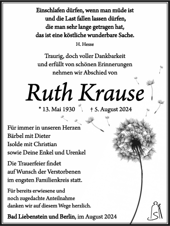 Traueranzeige von Ruth Krause von Südthüringer Presse