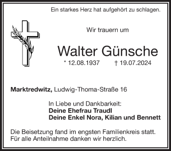Traueranzeige von Walter Günsche von Frankenpost