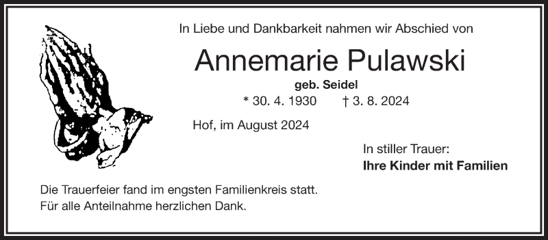  Traueranzeige für Annemarie Pulawski vom 17.08.2024 aus Frankenpost