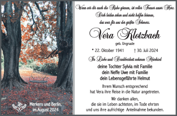 Traueranzeige von Vera Klotzbach von Südthüringer Presse