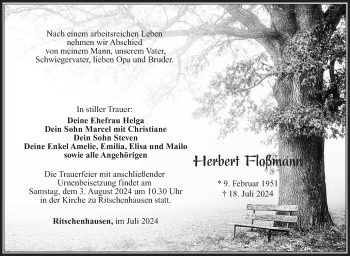 Traueranzeige von Herbert Floßmann von Südthüringer Presse