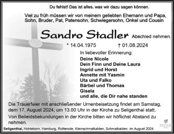 Traueranzeige von Sandro Stadler von Südthüringer Presse