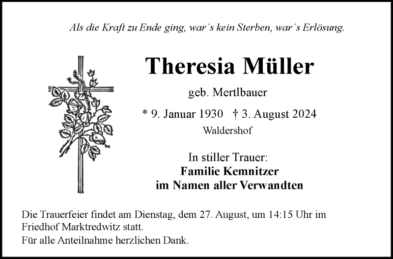  Traueranzeige für Theresia Müller vom 24.08.2024 aus Frankenpost
