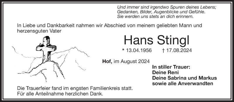  Traueranzeige für Hans Stingl vom 31.08.2024 aus Frankenpost