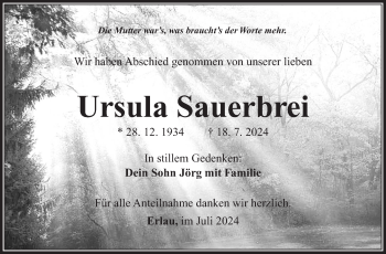 Traueranzeige von Ursula Sauerbrei von Südthüringer Presse
