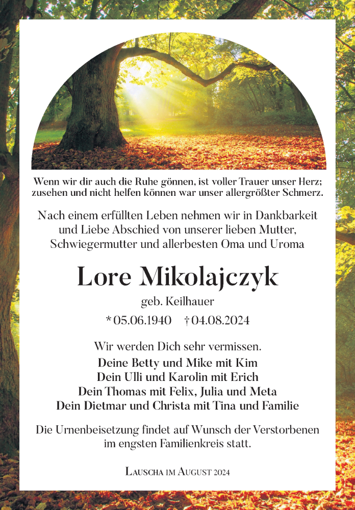  Traueranzeige für Lore Mikolajczyk vom 16.08.2024 aus Südthüringer Presse