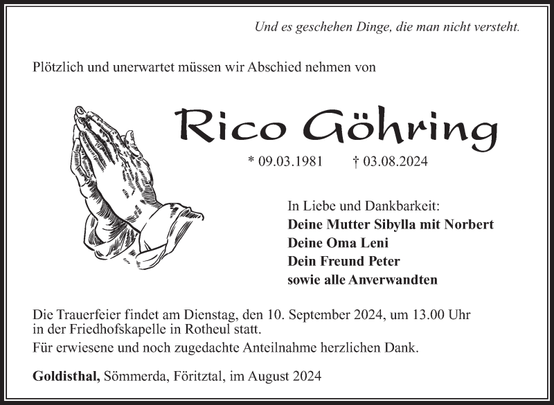  Traueranzeige für Rico Göhring vom 17.08.2024 aus Südthüringer Presse