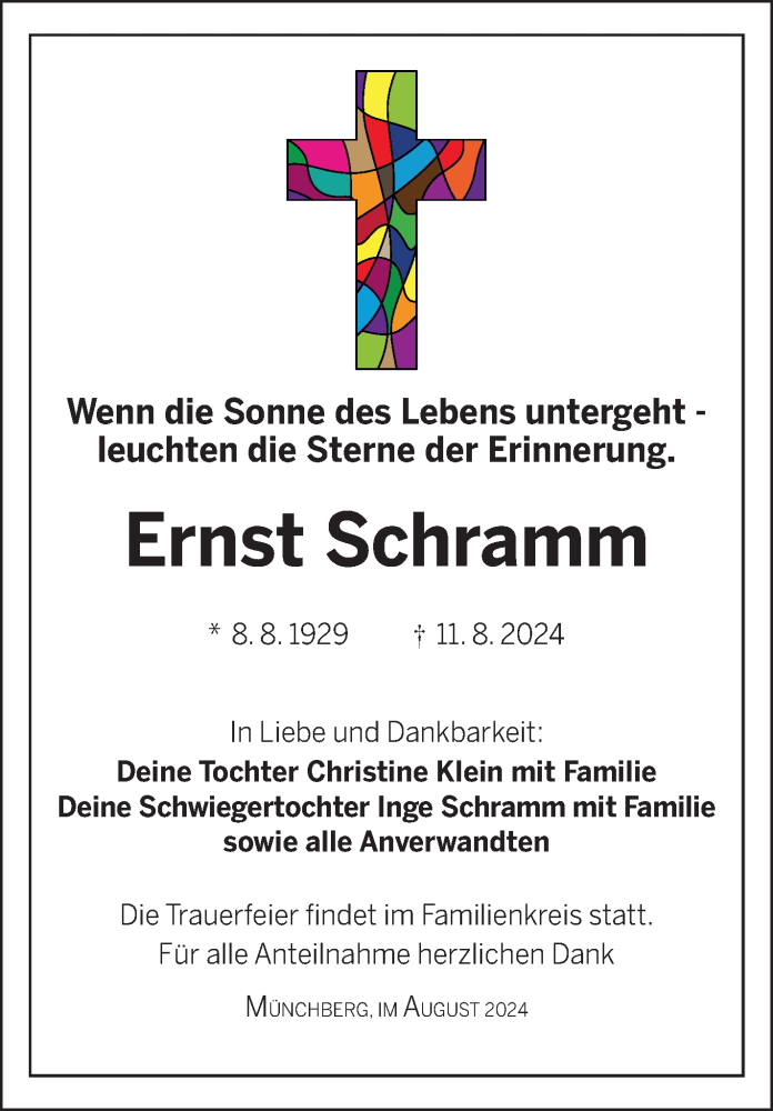  Traueranzeige für Ernst Schramm vom 17.08.2024 aus Frankenpost