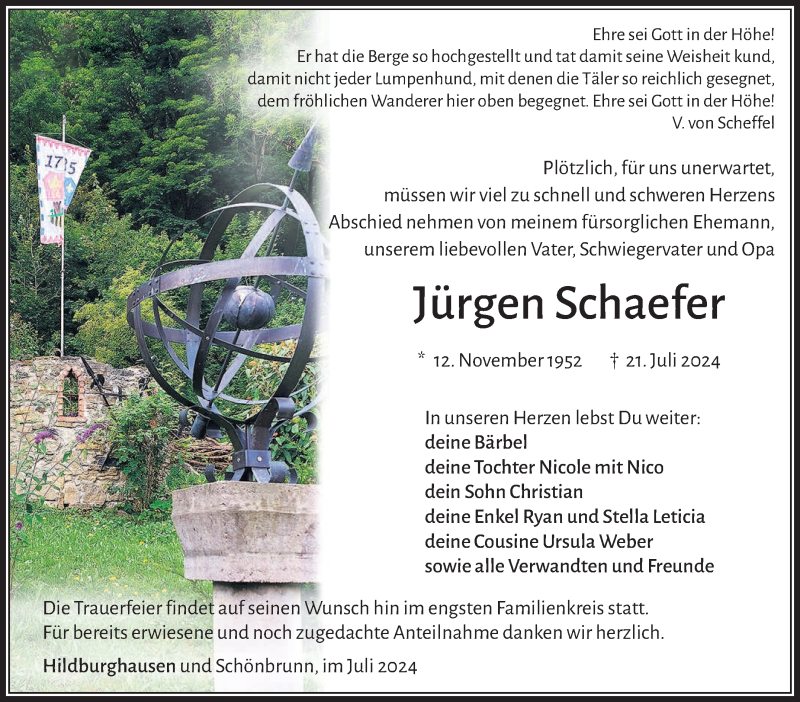  Traueranzeige für Jürgen Schaefer vom 03.08.2024 aus Südthüringer Presse