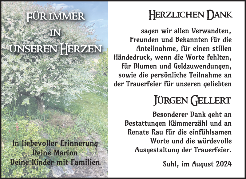  Traueranzeige für Jürgen Gellert vom 24.08.2024 aus Südthüringer Presse