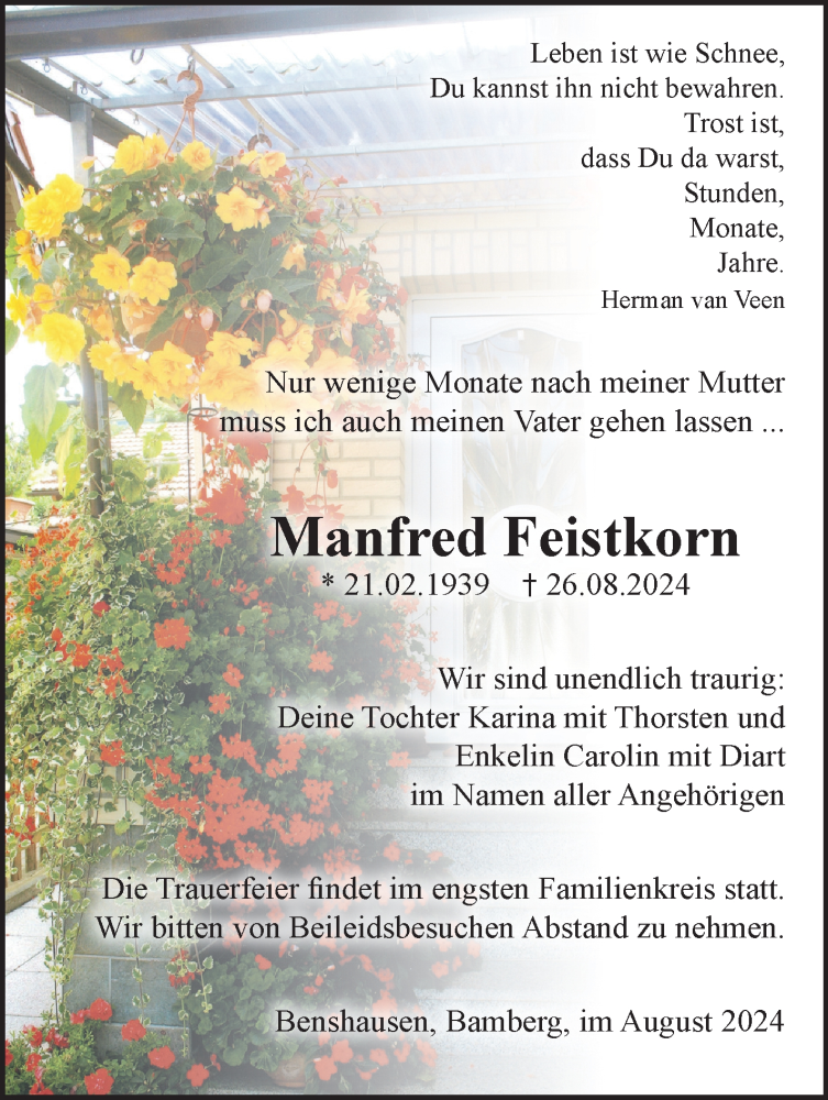 Traueranzeige für Manfred Feistkorn vom 31.08.2024 aus Südthüringer Presse