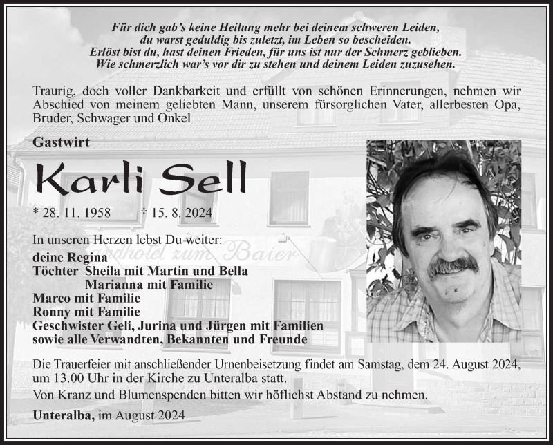  Traueranzeige für Karl Sell vom 20.08.2024 aus Südthüringer Presse