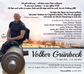 Traueranzeige von Volker Grünbeck von Südthüringer Presse