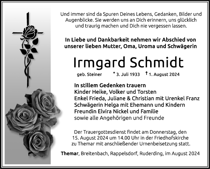  Traueranzeige für Irmgard Schmidt vom 09.08.2024 aus Südthüringer Presse