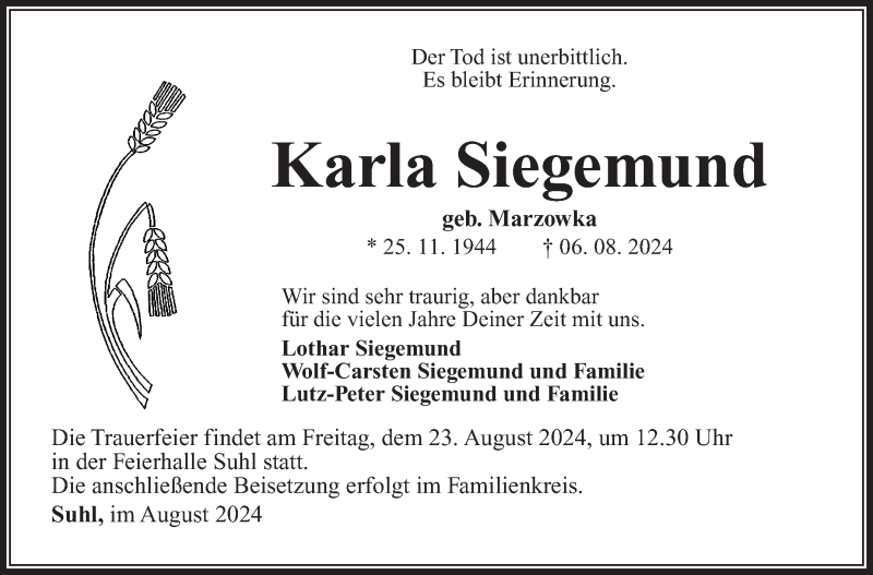  Traueranzeige für Karla Siegmund vom 17.08.2024 aus Südthüringer Presse