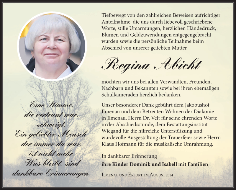  Traueranzeige für Regina Abicht vom 31.08.2024 aus Südthüringer Presse