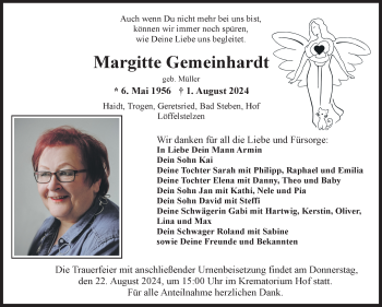 Traueranzeige von Margitte Gemeinhardt von Frankenpost