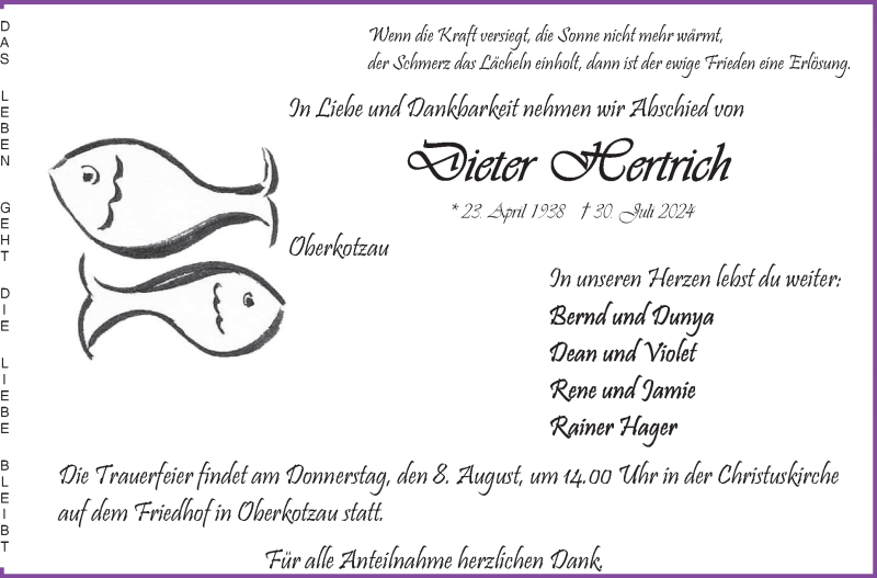  Traueranzeige für Dieter Hertrich vom 03.08.2024 aus Frankenpost