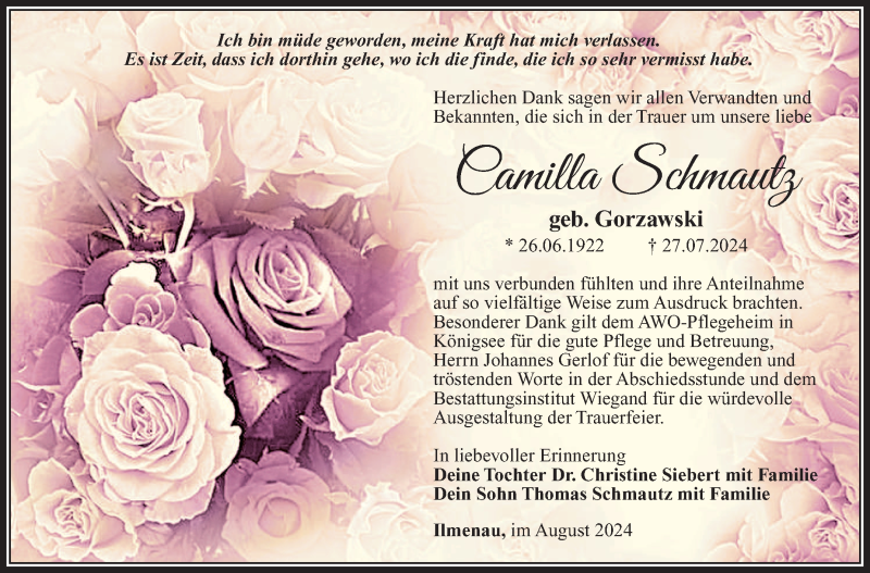  Traueranzeige für Cammila Schmautz vom 24.08.2024 aus Südthüringer Presse