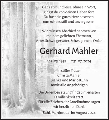 Traueranzeige von Gerhard Mahler von Südthüringer Presse