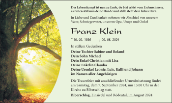 Traueranzeige von Franz Klein von Südthüringer Presse
