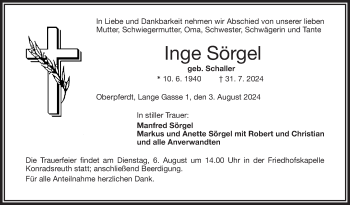 Traueranzeige von Inge Sörgel von Frankenpost