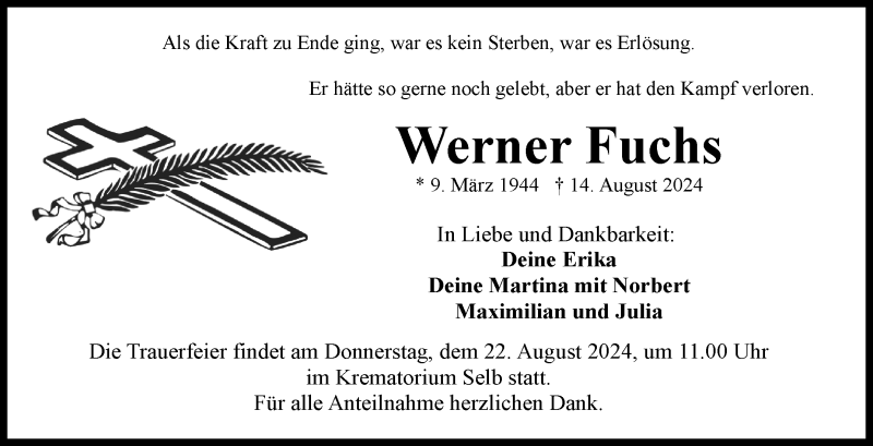  Traueranzeige für Werner Fuchs vom 20.08.2024 aus Frankenpost