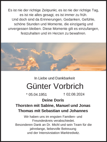 Traueranzeige von Günter Vorbrich von Frankenpost
