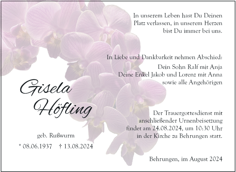  Traueranzeige für Gisela Höfling vom 22.08.2024 aus Südthüringer Presse