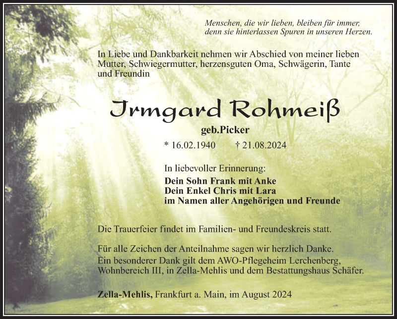  Traueranzeige für Irmgard Rohmeiß vom 31.08.2024 aus Südthüringer Presse