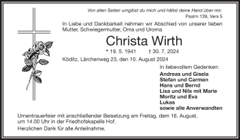 Traueranzeige von Christa Wirth von Frankenpost