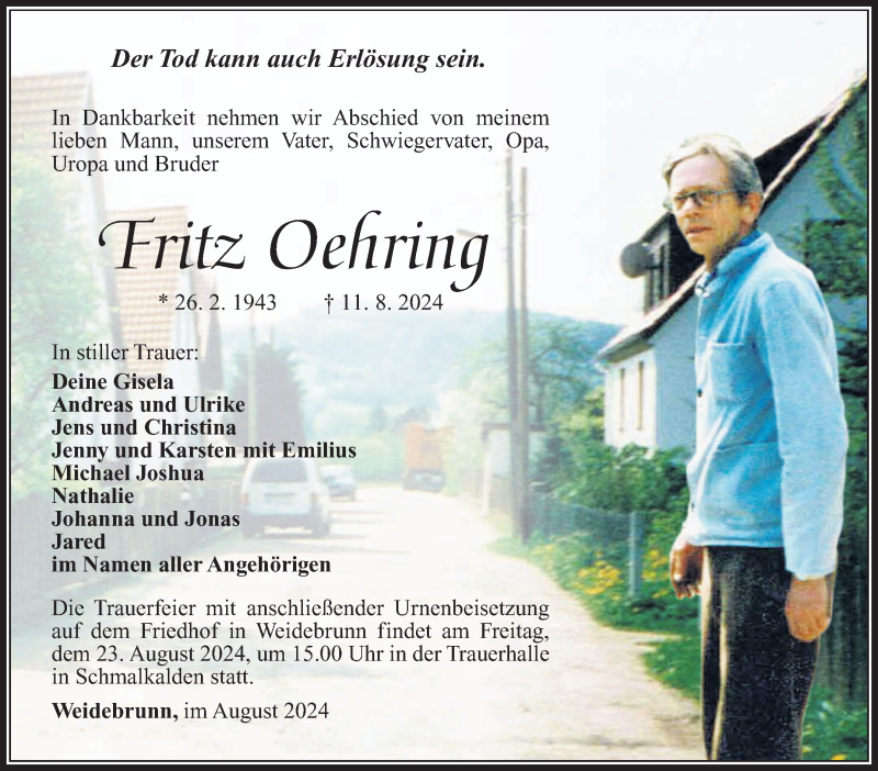  Traueranzeige für Fritz Oehring vom 17.08.2024 aus Südthüringer Presse