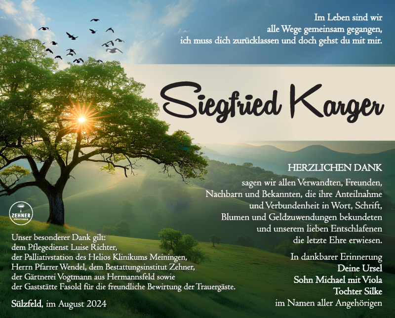  Traueranzeige für Siegfried Karger vom 24.08.2024 aus Südthüringer Presse
