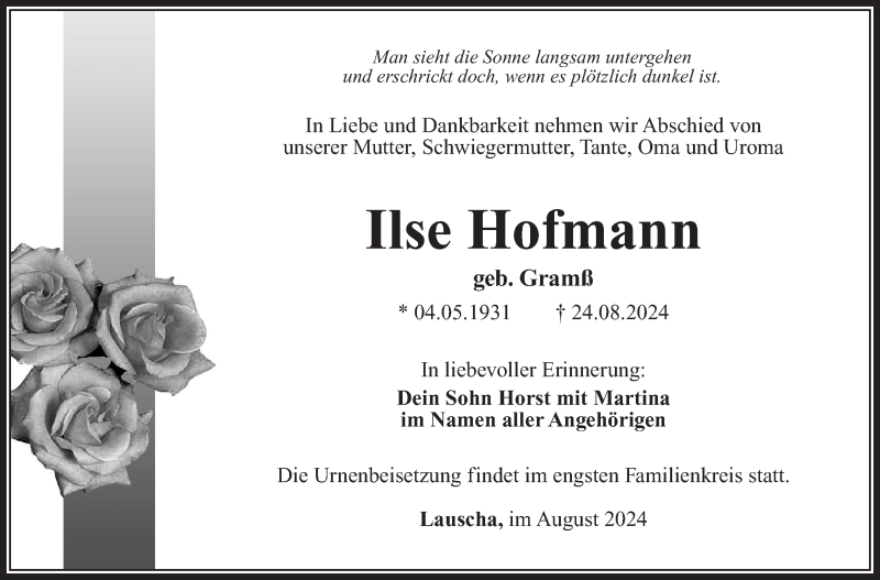  Traueranzeige für Ilse Hofmann vom 30.08.2024 aus Südthüringer Presse