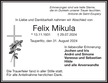 Traueranzeige von Felix Mikula von Frankenpost