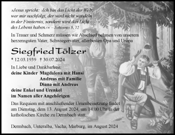 Traueranzeige von Siegfried Tölzer von Südthüringer Presse