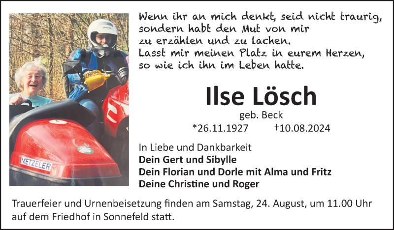  Traueranzeige für Ilse Lösch vom 23.08.2024 aus Neue Presse Coburg