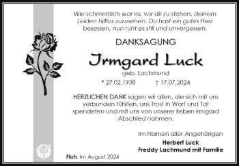 Traueranzeige von Irmgard Luck von Südthüringer Presse