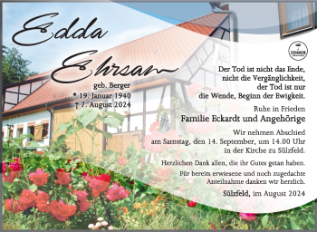 Traueranzeige von Edda Ehrsam von Südthüringer Presse