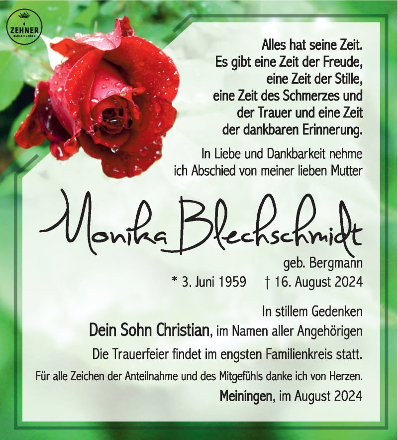  Traueranzeige für Monika Blechschmidt vom 23.08.2024 aus Südthüringer Presse