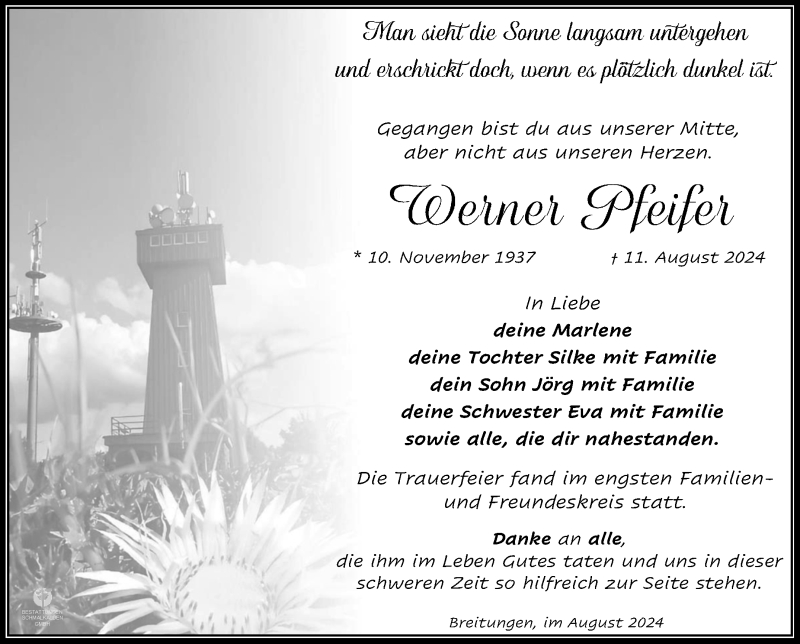  Traueranzeige für Werner Pfeifer vom 31.08.2024 aus Südthüringer Presse