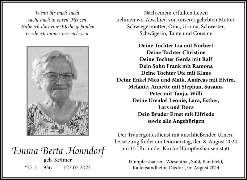  Traueranzeige für Emma Berta Honndorf vom 02.08.2024 aus Südthüringer Presse
