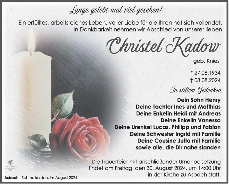  Traueranzeige für Christel Kadow vom 24.08.2024 aus Südthüringer Presse